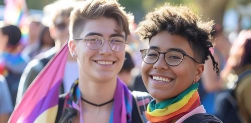 two students at a pride march